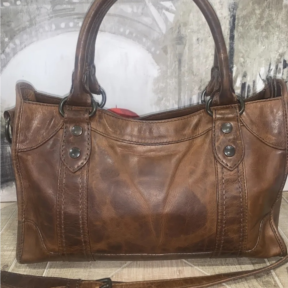 🤎🧡Frye Melissa Satchel Crossbody Bag Distressed Leather-Cognac-$388 - Picture 4 of 14